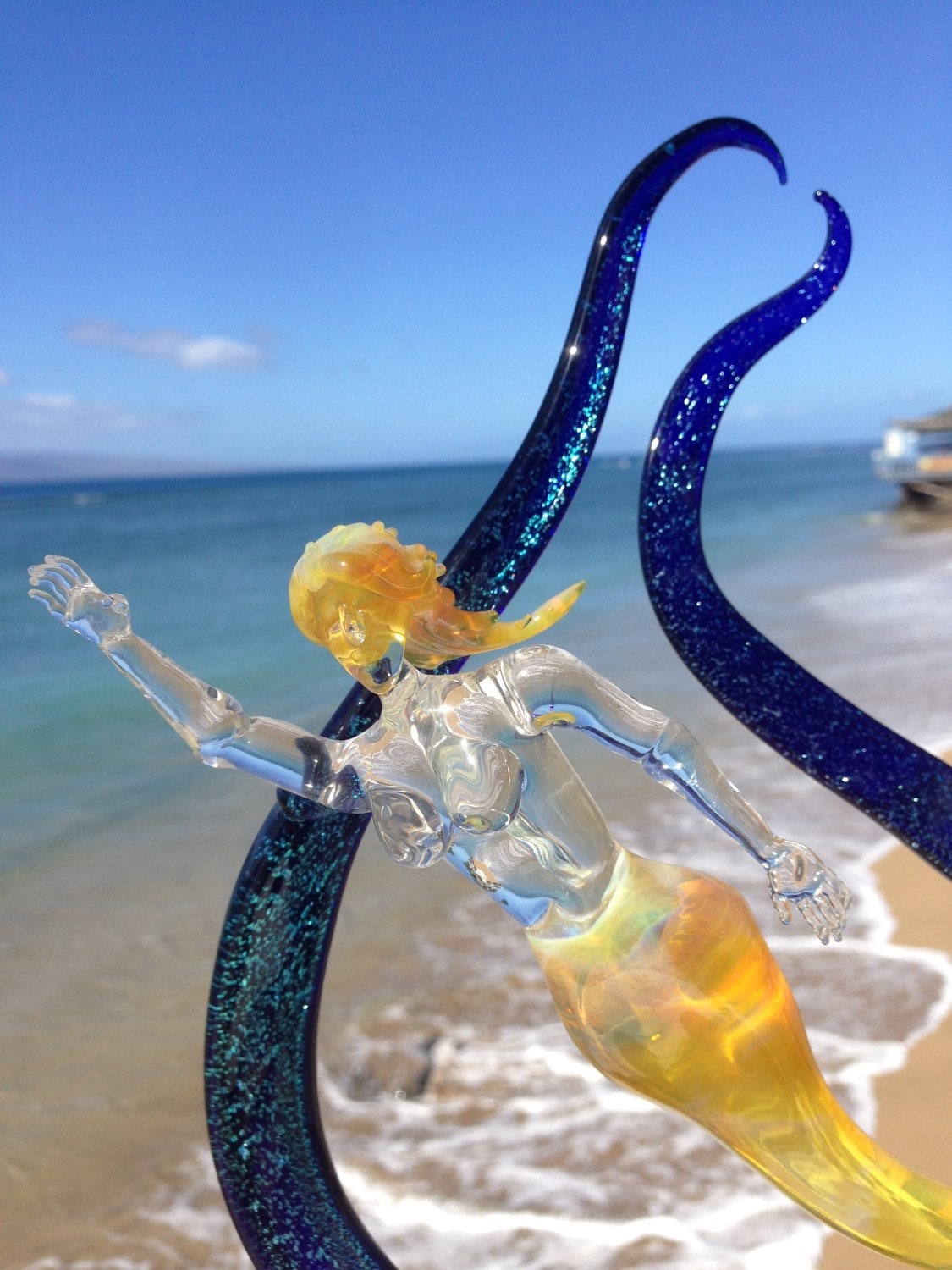 Mermaid in dichroic seaweed with coral accent Glass Sculpture