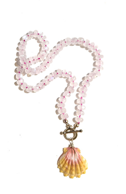 Sunrise shell with silk knotted rainbow moonstone
