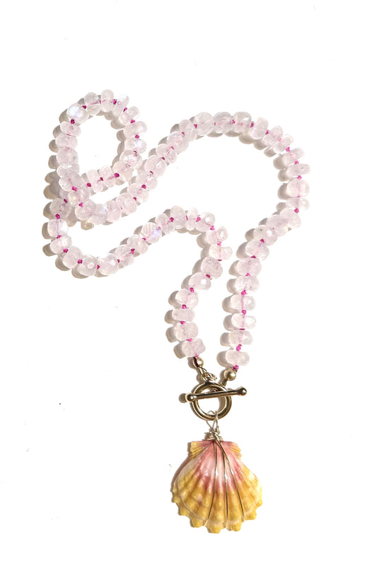 Sunrise shell with silk knotted rainbow moonstone