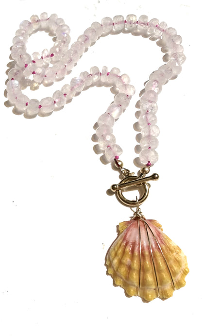 Sunrise shell with silk knotted rainbow moonstone