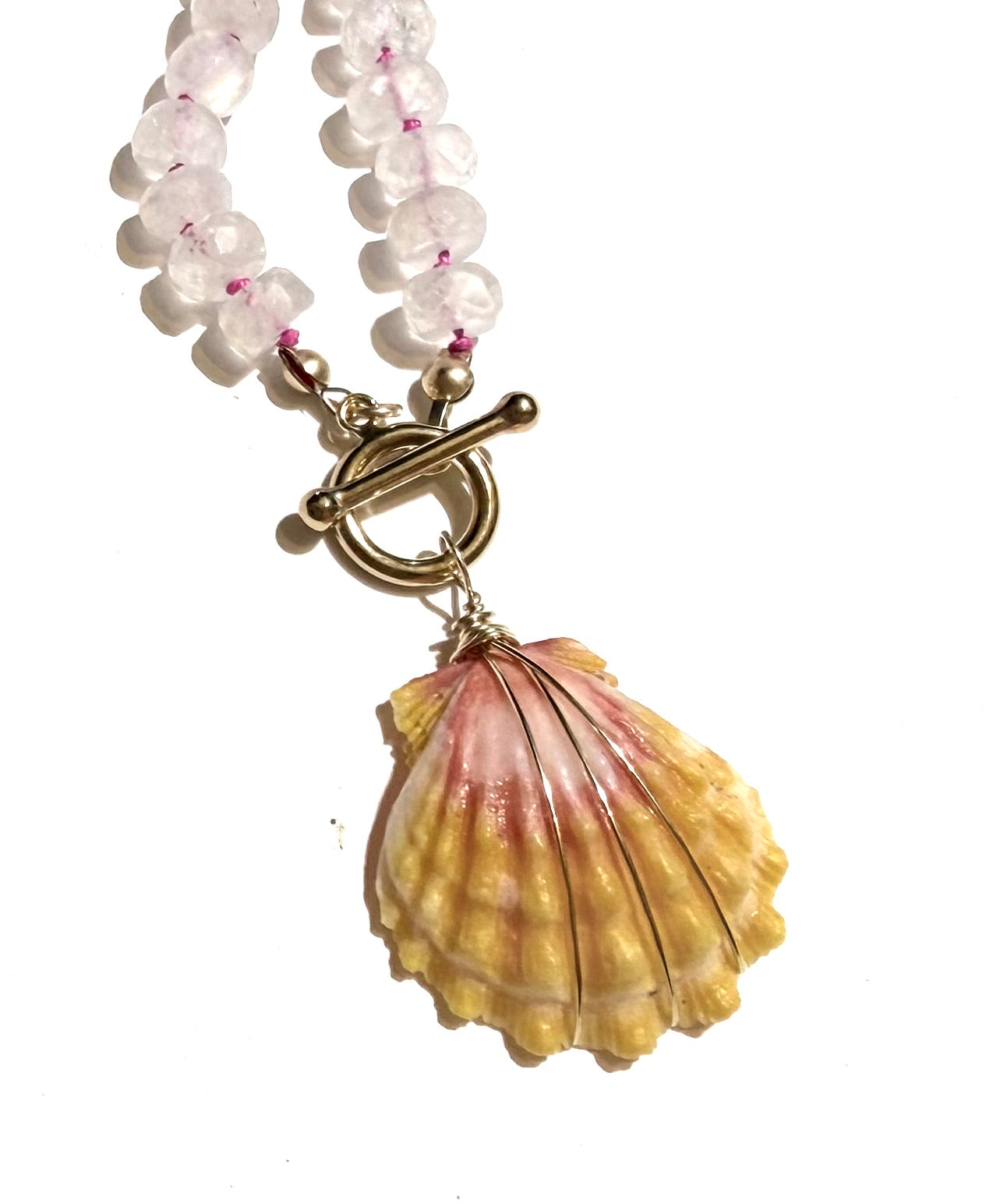 Sunrise shell with silk knotted rainbow moonstone
