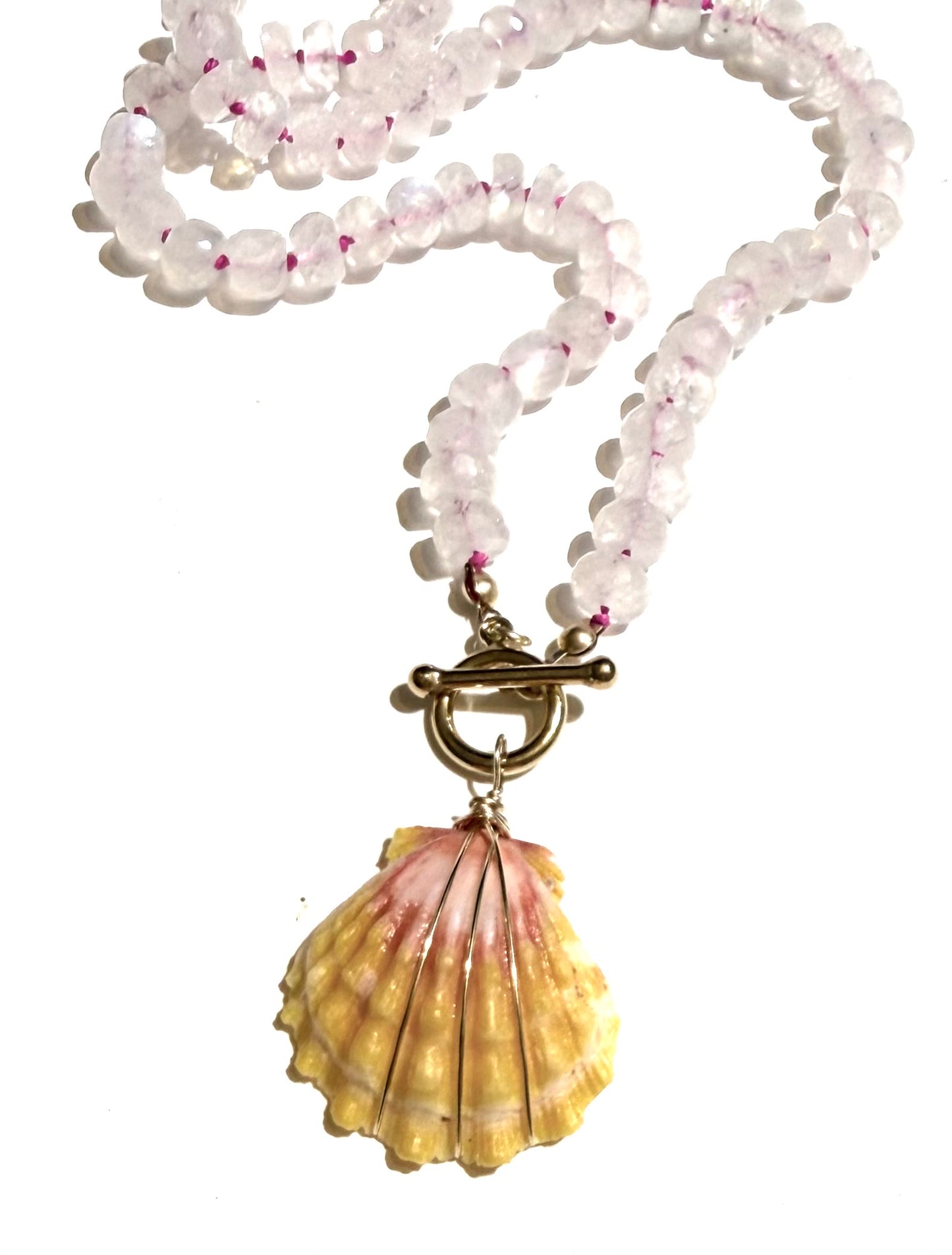 Sunrise shell with silk knotted rainbow moonstone
