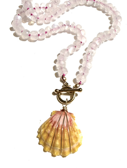 Sunrise shell with silk knotted rainbow moonstone