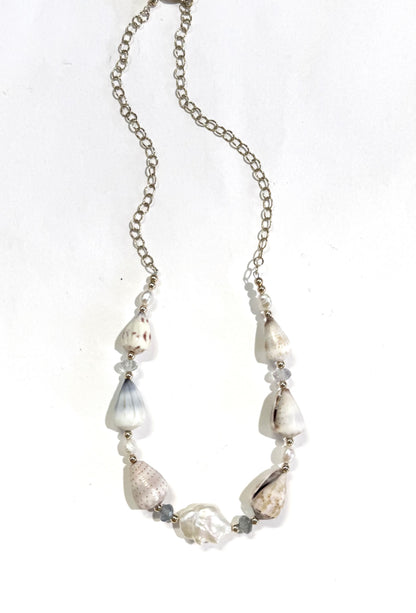 Cone shells, fluorite,and fresh water keshi Pearls necklace