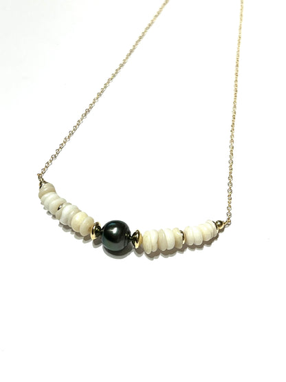 Puka shells and Tahitian pearl necklace