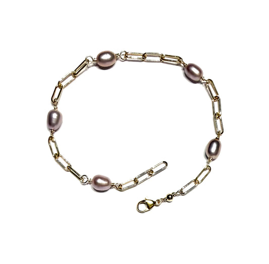 Pink fresh water pearl paperclip bracelet