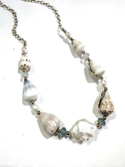 Cone shells, fluorite,and fresh water keshi Pearls necklace