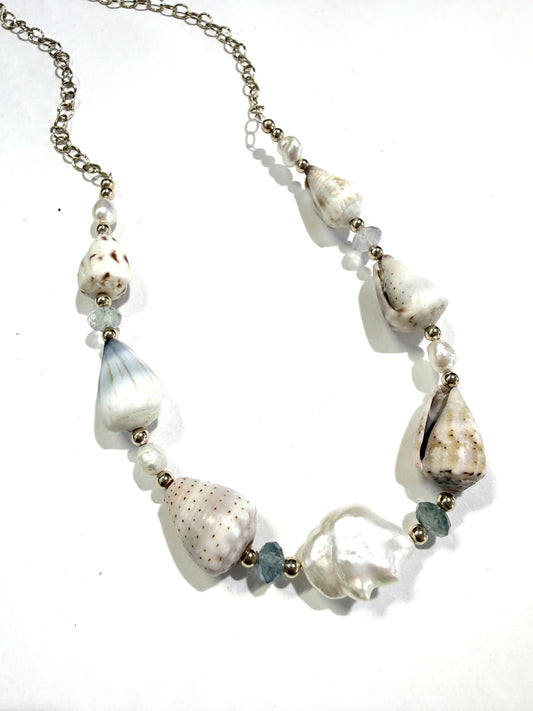 Cone shells, fluorite,and fresh water keshi Pearls necklace