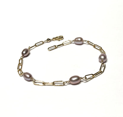 Pink fresh water pearl paperclip bracelet