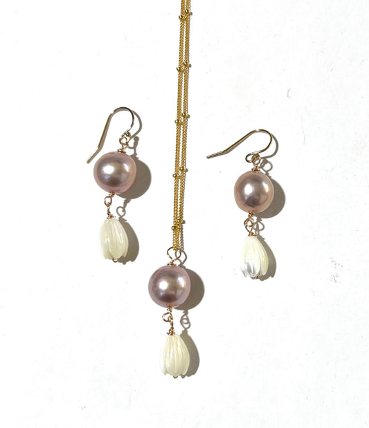 Bloom from the ashes pink Edison pearl and Mother of Pearl pikake flowers necklace and earrings