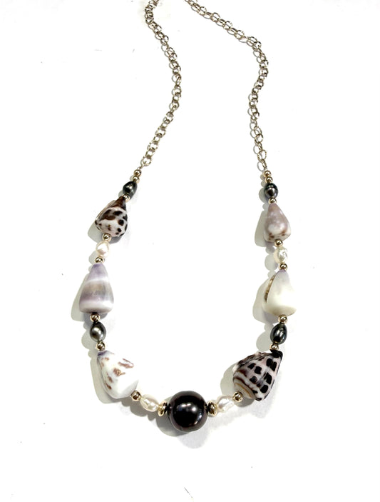 Cone shells, Tahitian pearl, and Tahitian keshi Pearls necklace