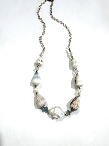Cone shells, fluorite,and fresh water keshi Pearls necklace