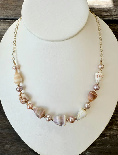 Cone shells and pink Edison Pearls necklace