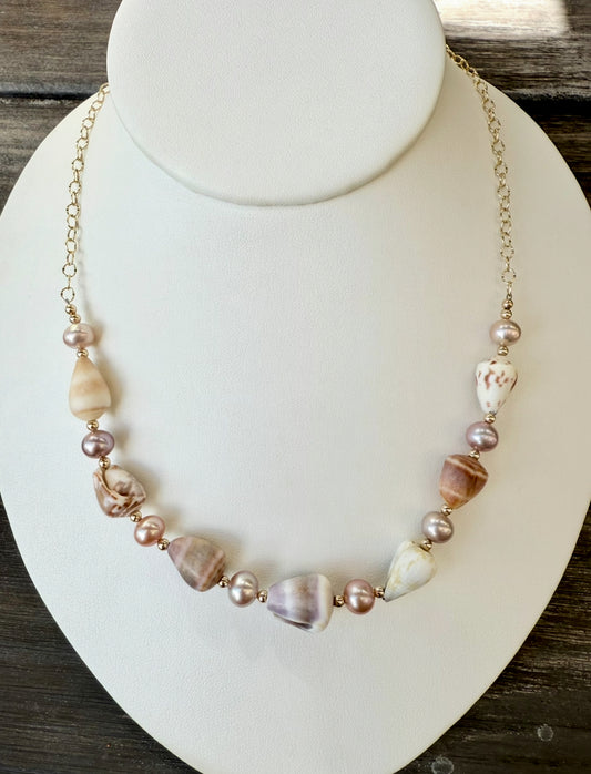 Cone shells and pink Edison Pearls necklace