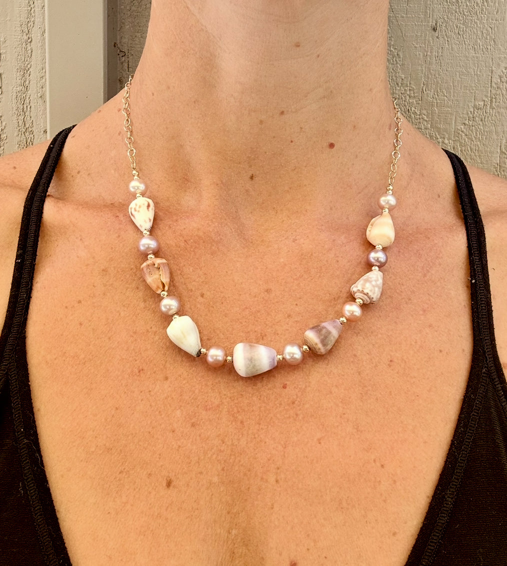 Cone shells and pink Edison Pearls necklace