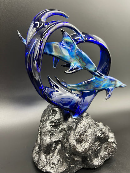 Blue dolphin lovers glass sculpture