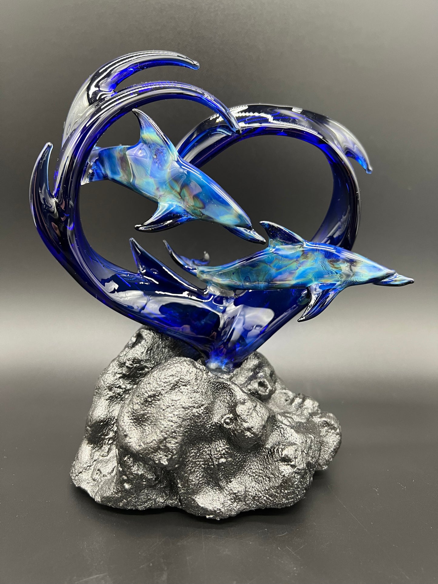 Blue dolphin lovers glass sculpture