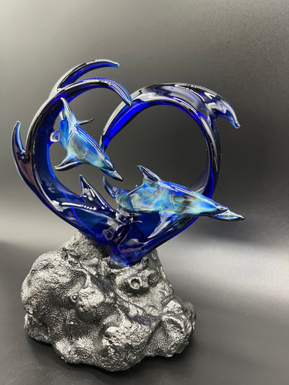 Blue dolphin lovers glass sculpture