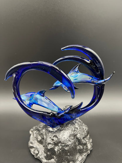 Blue dolphin lovers glass sculpture