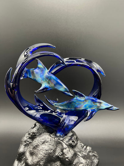 Blue dolphin lovers glass sculpture