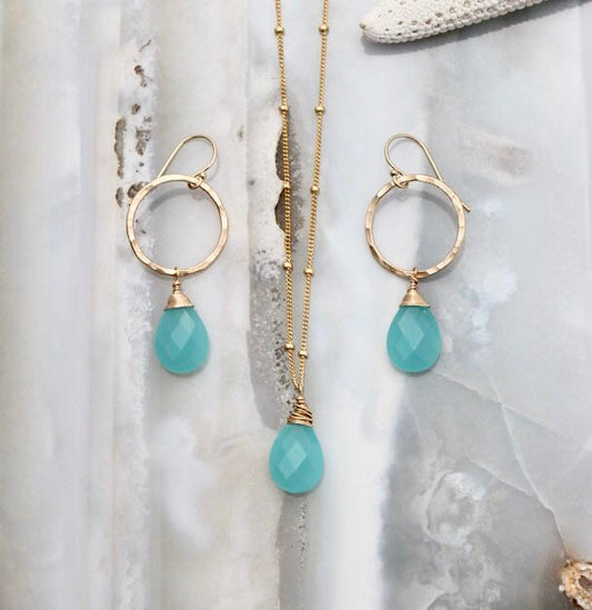 Aqua chalcedony earrings and necklace