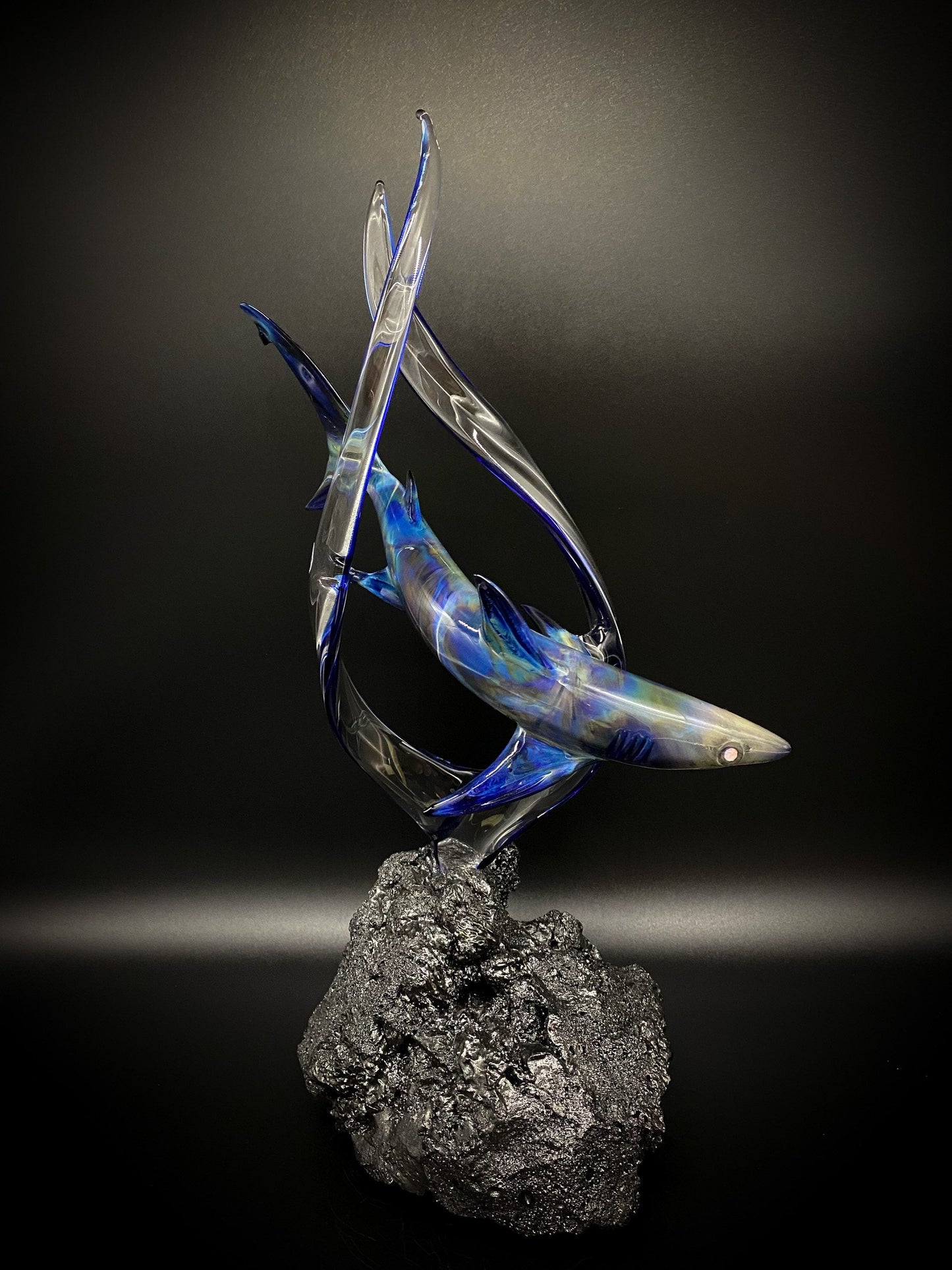 Black lightning shark with opal eyes glass sculpture