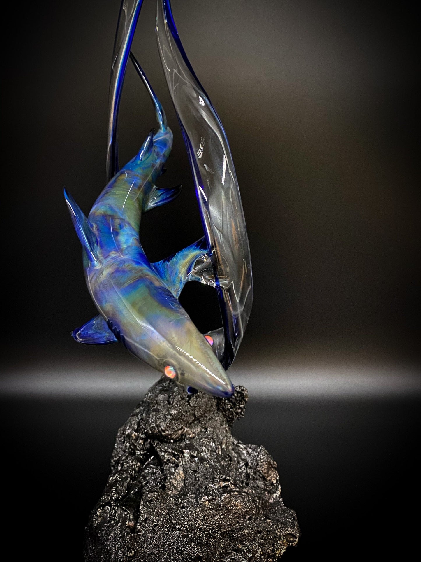 Black lightning shark with opal eyes glass sculpture