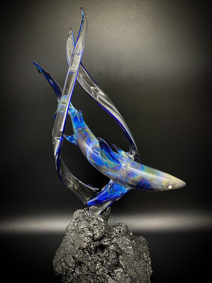 Black lightning shark with opal eyes glass sculpture