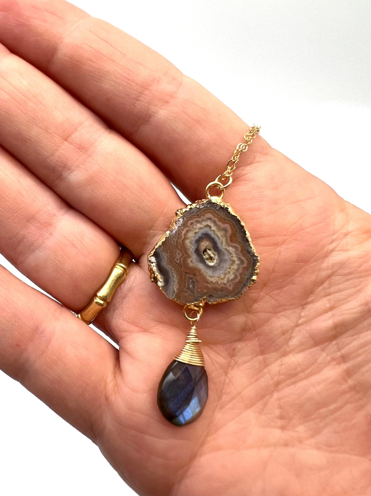 Amethyst slice and labradorite gemstone necklace