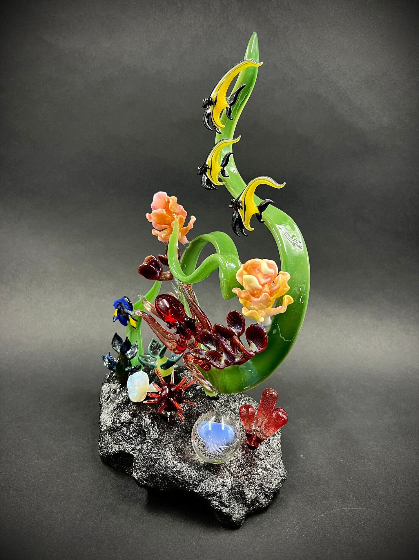 Hawaiian Reef with Octopus and Moorish Idols glass sculpture