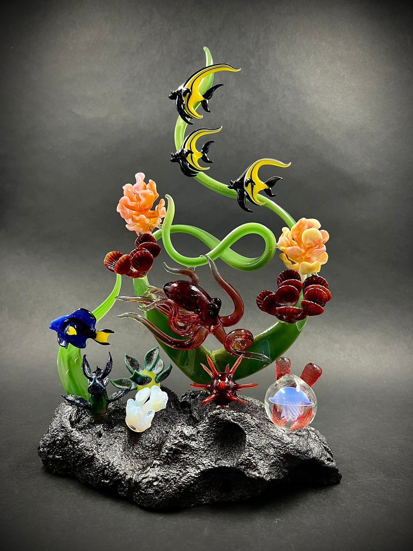 Hawaiian Reef with Octopus and Moorish Idols glass sculpture