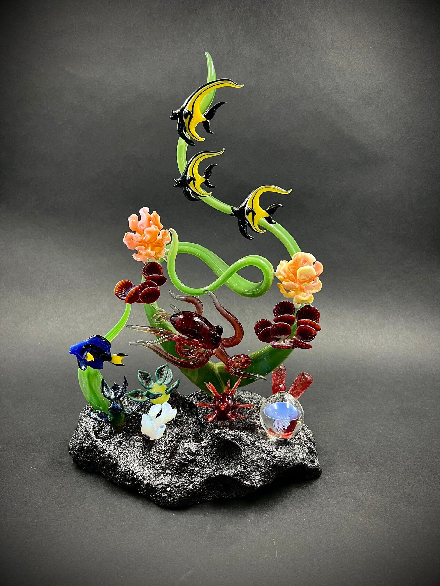 Hawaiian Reef with Octopus and Moorish Idols glass sculpture