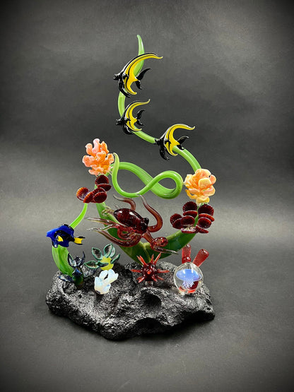 Hawaiian Reef with Octopus and Moorish Idols glass sculpture