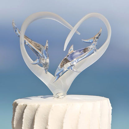 Frosted Glass Heart Cake Topper with Two Dolphins