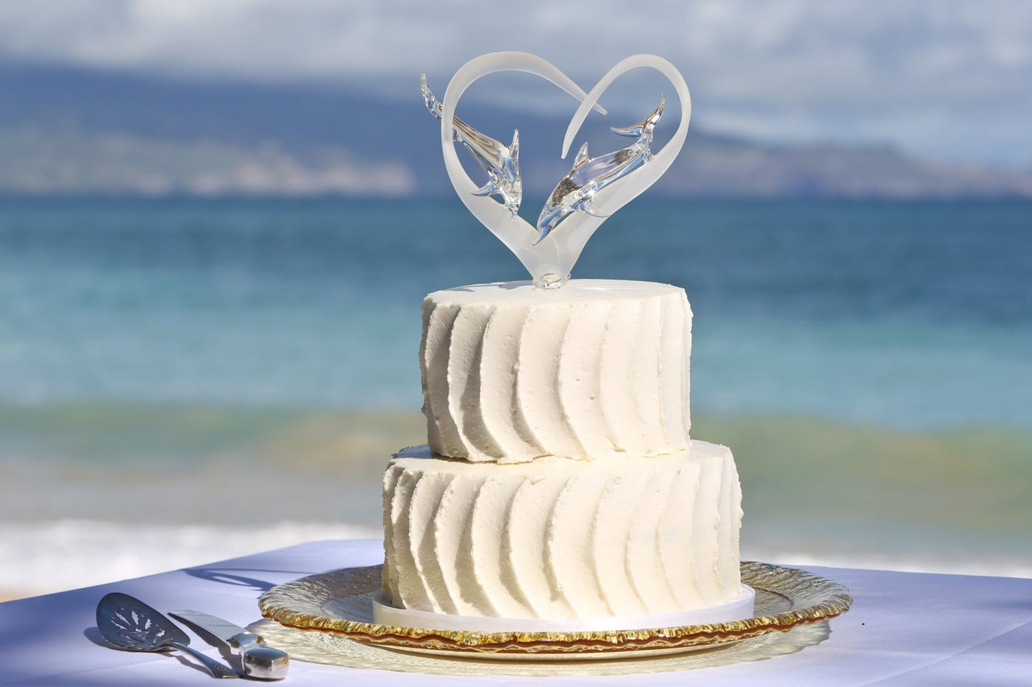 Frosted Glass Heart Cake Topper with Two Dolphins