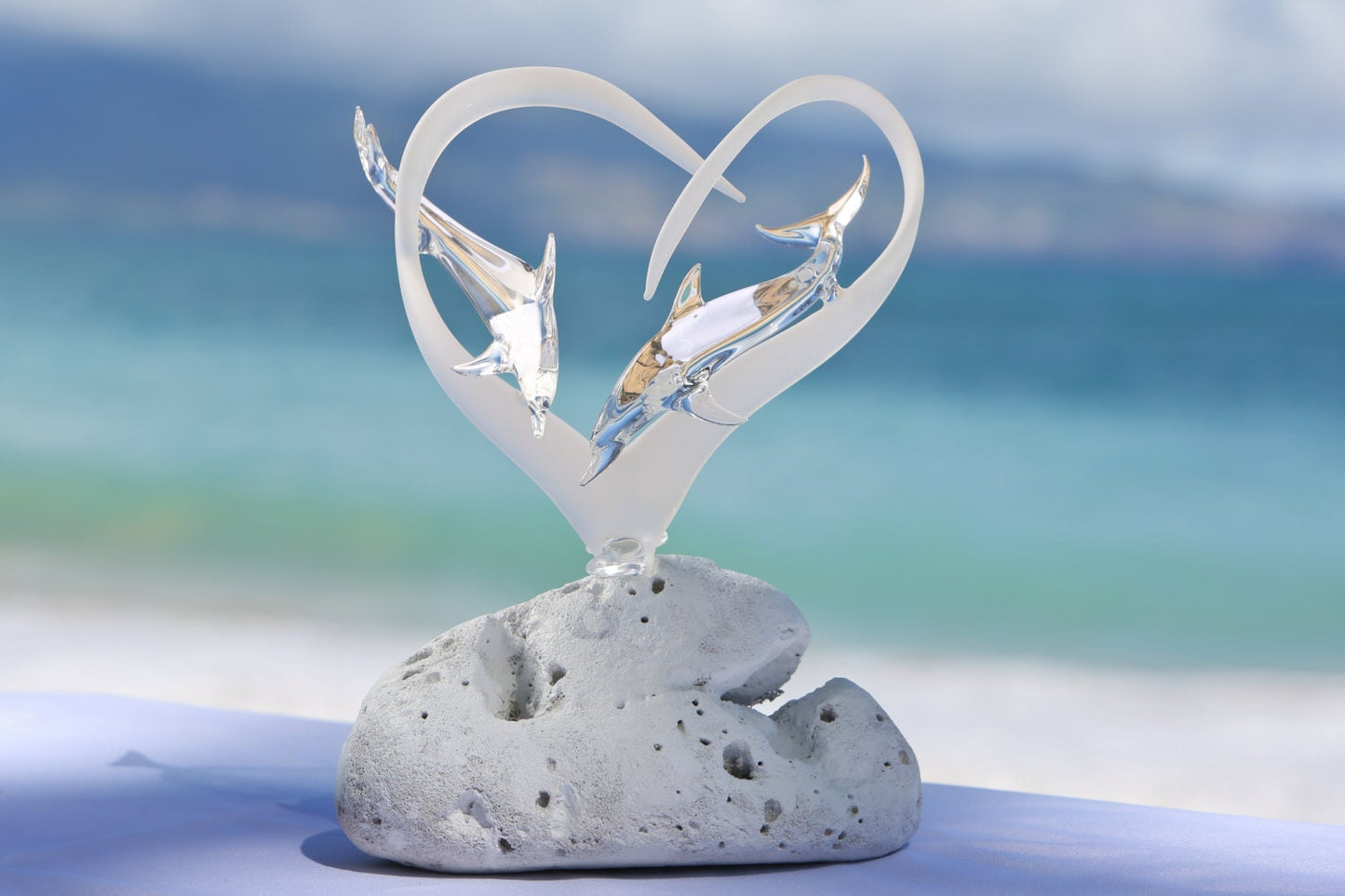 Frosted Glass Heart Cake Topper with Two Dolphins