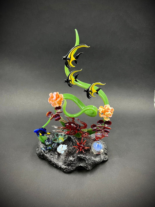 Hawaiian Reef with Octopus and Moorish Idols glass sculpture