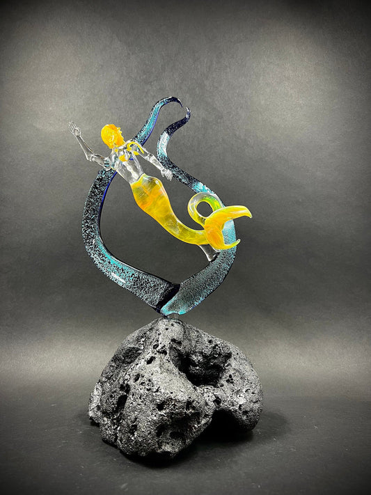 Mermaid in dichroic seaweed with coral accent Glass Sculpture
