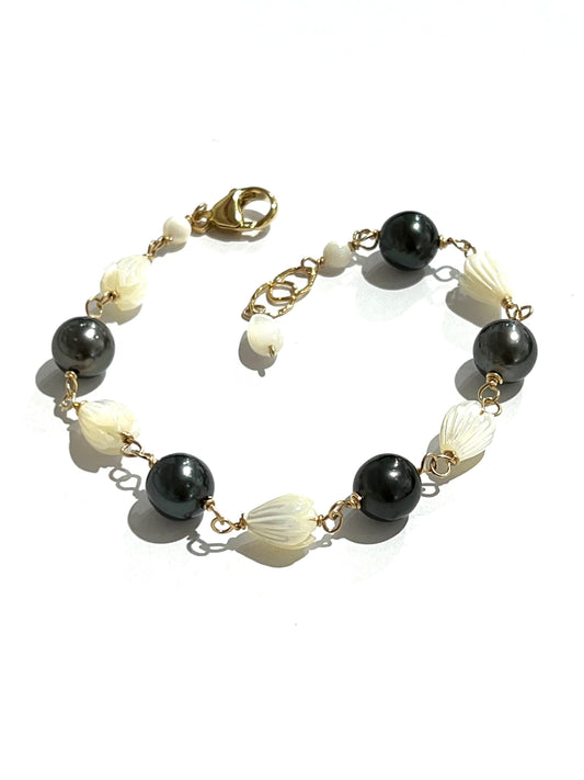 Bloom from the ashes Mother of pearl pikake and Tahitian pearl bracelet