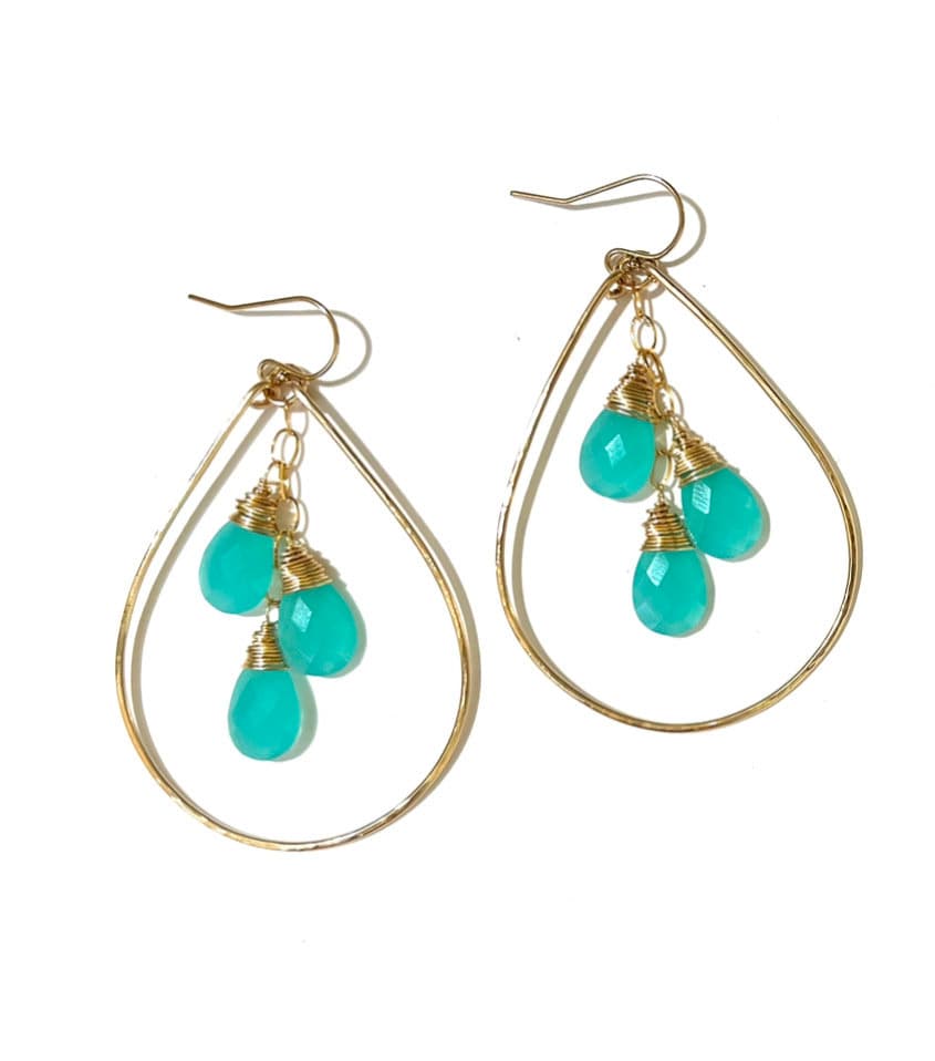 Triple gemstone teardrop hoops