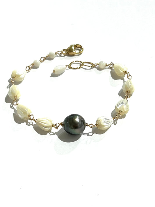 Bloom from the ashes Mother of pearl pikake and Tahitian pearl bracelet-1