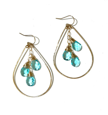 Triple gemstone teardrop hoops