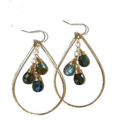 Triple gemstone teardrop hoops