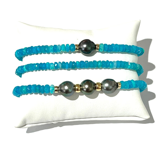 Aqua Ethiopian opal bracelet with or without tahitian pearls