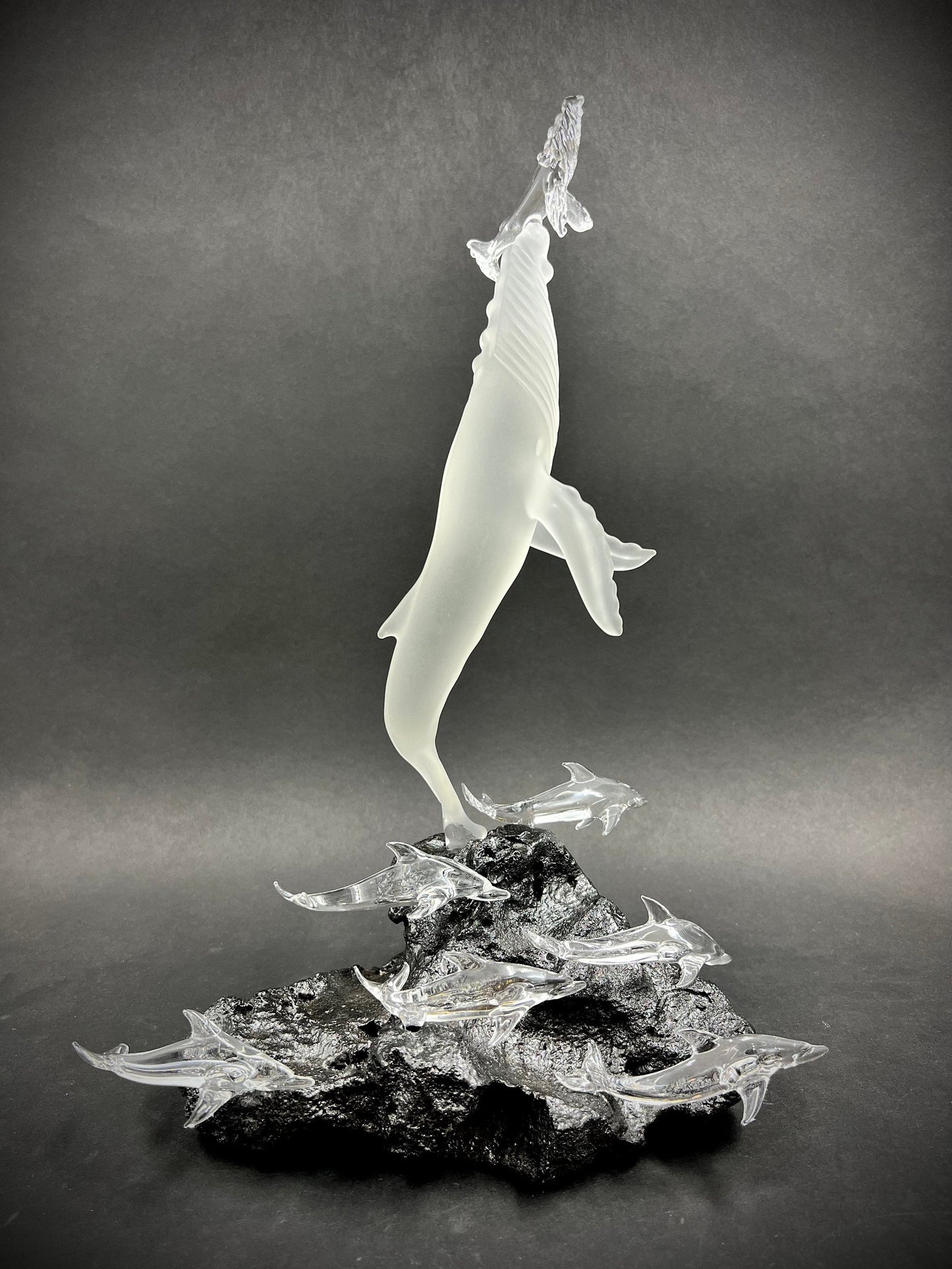 First Breath Whale With Dolphins Glass Sculpture