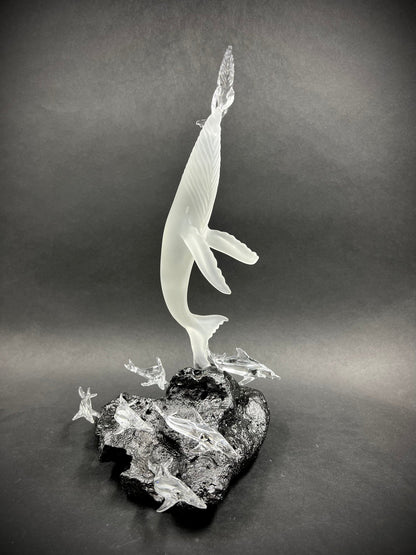 First Breath Whale With Dolphins Glass Sculpture