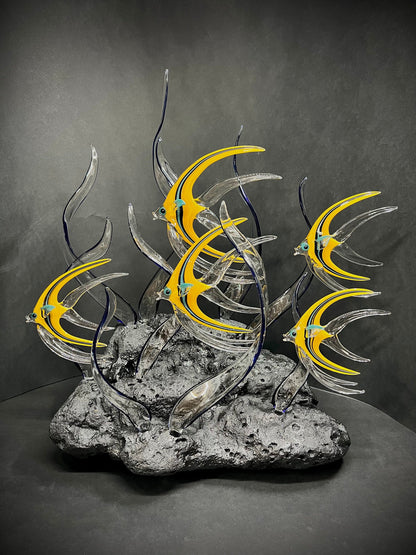 School of 5 Angelfish glass sculpture set