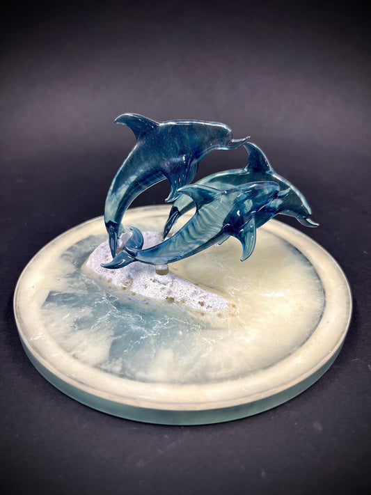 Triple Dolphin Glass Sculpture on a resin plate