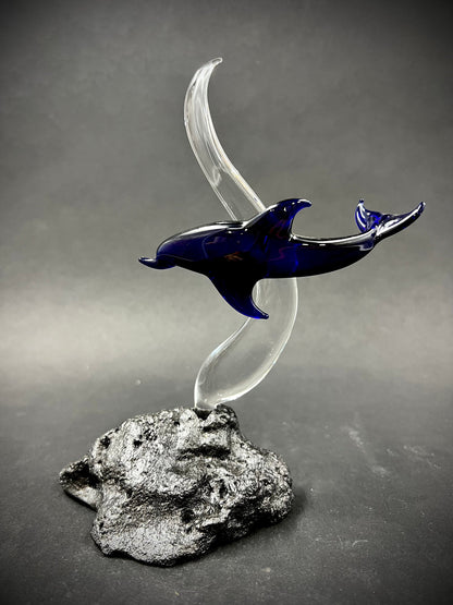 Blue Dolphin on a wave Glass Sculpture