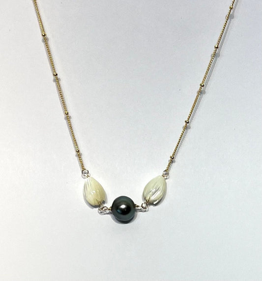 Bloom from the ashes Mother of pearl pikake and Tahitian pearl necklace